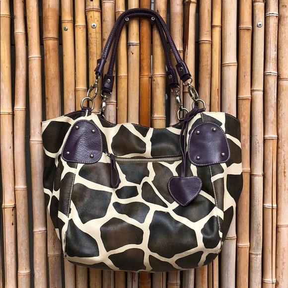 Boho Handbags - Adorable Purple Trim Brown/White Giraffe Tote Bag